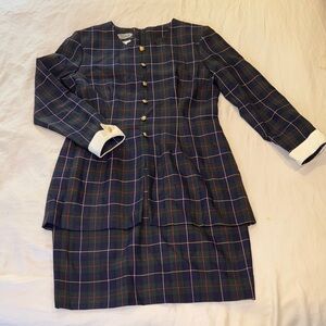 Navy Tartan Plaid Two-Piece Skirt Suit Dress with Gold Buttons